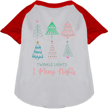Red sleeve pet raglan shirt with festive tree design