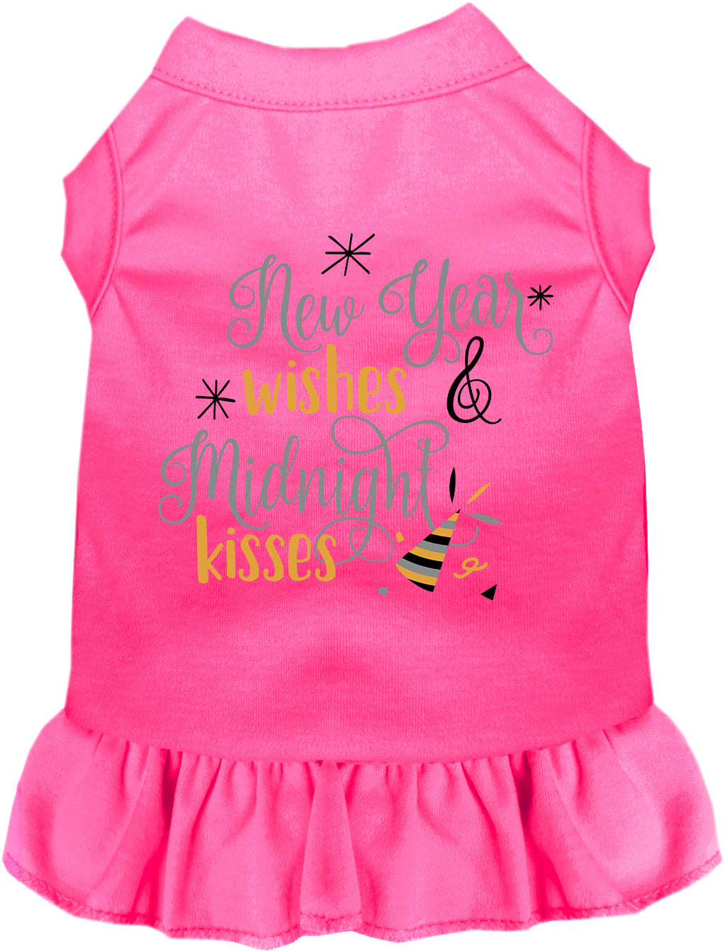 Pink Midnight Kisses pet dress with New Year wishes design