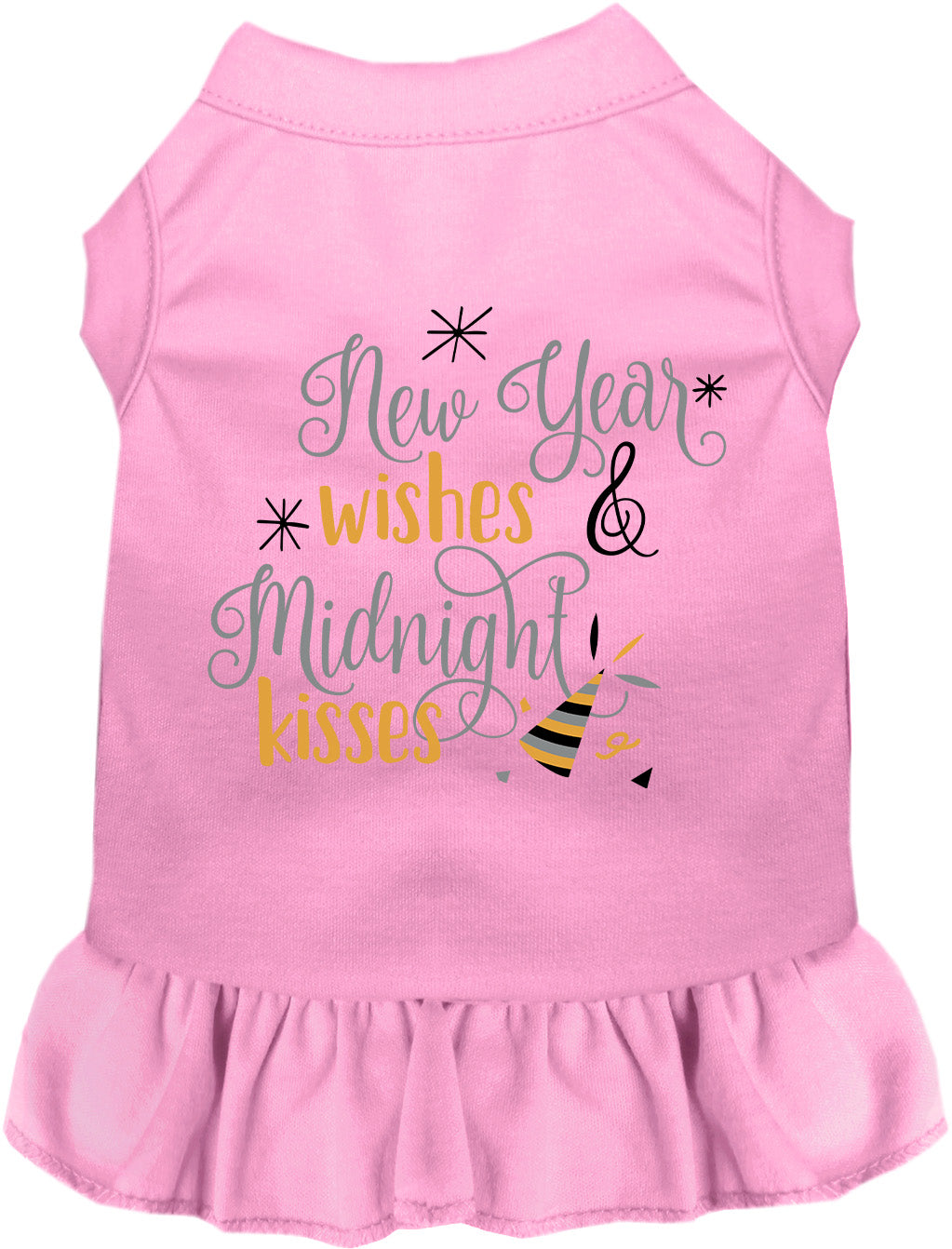 Light pink Midnight Kisses pet dress with New Year wishes design