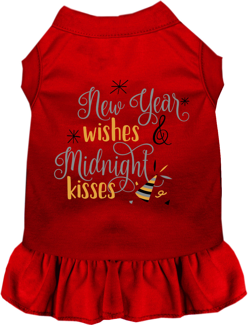 Red Midnight Kisses pet dress with New Year wishes design