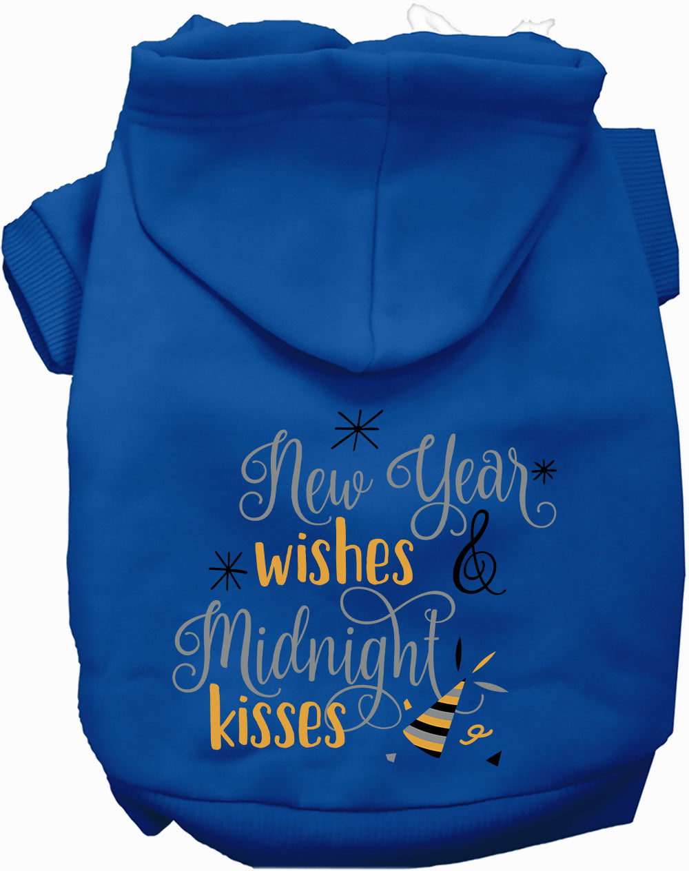 Blue Midnight Kisses Pet Hoodie with festive text