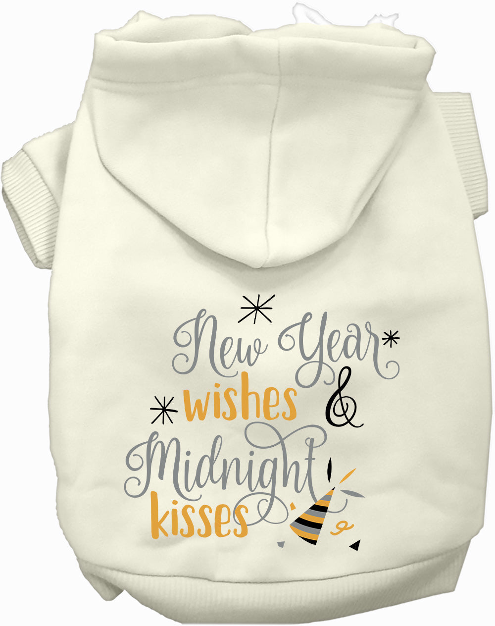White Midnight Kisses Pet Hoodie with festive text