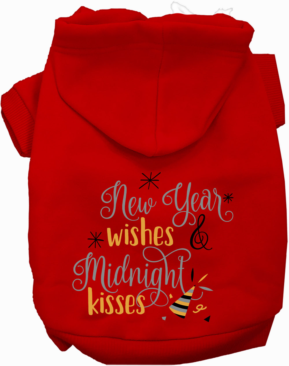 Red Midnight Kisses Pet Hoodie with festive text