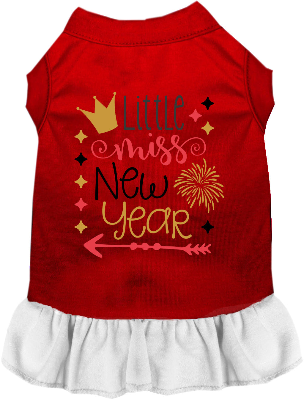 Red and white Little Miss New Year pet dress with gold accents
