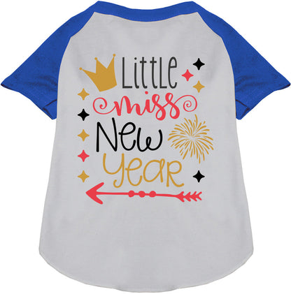 Blue Little Miss New Year pet raglan shirt with crown design