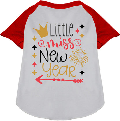 Red Little Miss New Year pet raglan shirt with crown design