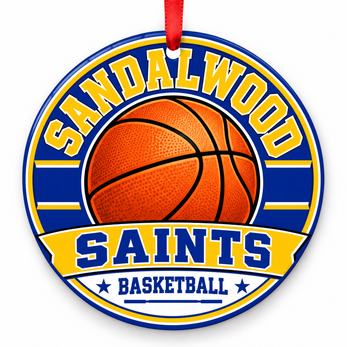 Sandalwood High School Saints basketball round Christmas ornament with red ribbon