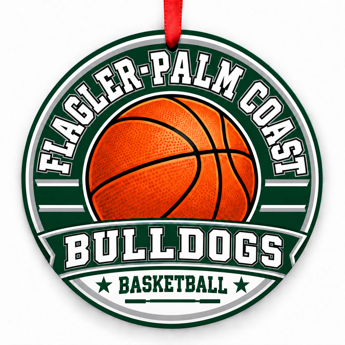 Flagler-Palm Coast High School Bulldogs basketball Christmas ornament in forest green, white and silver