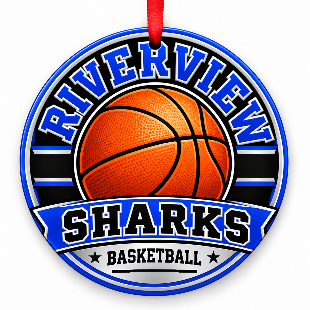 Riverview High School Sharks basketball round Christmas ornament with red ribbon