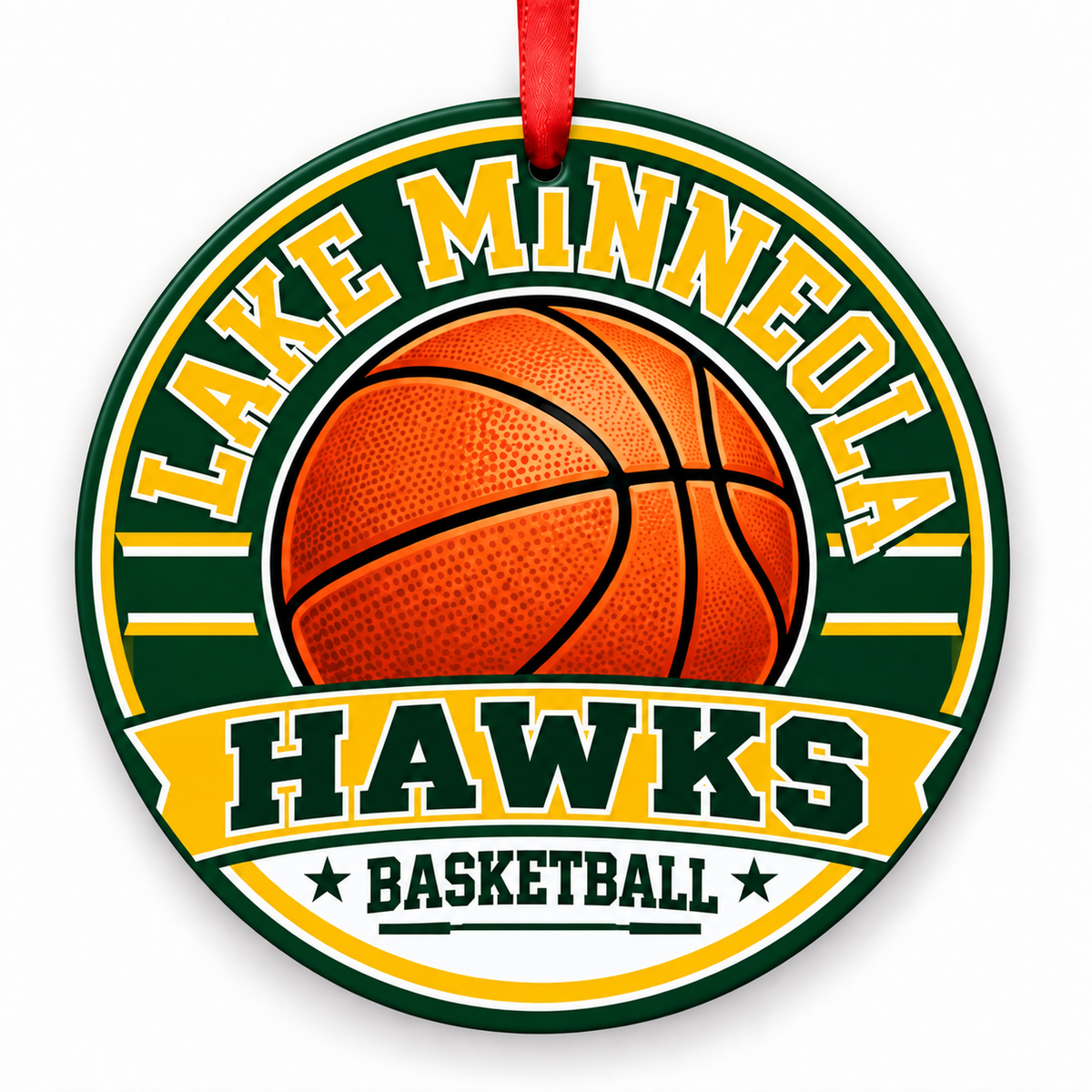 LAKE MINNEOLA HIGH SCHOOL Hawks basketball ornament with red ribbon, MINNEOLA Florida