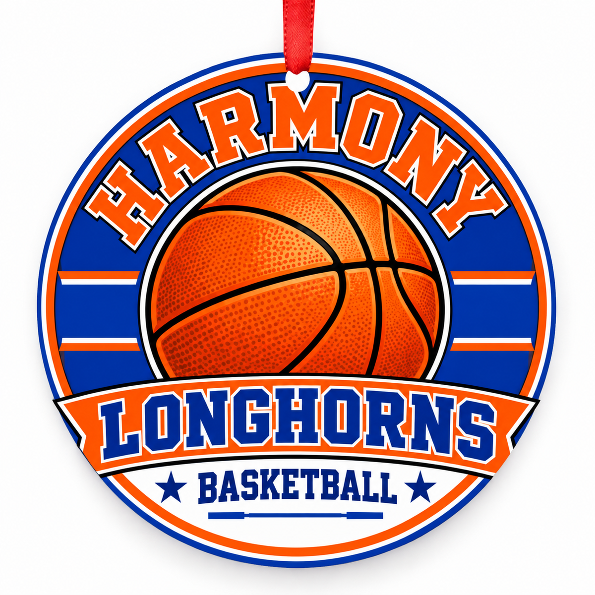 Harmony High School Longhorns basketball round Christmas ornament with red ribbon