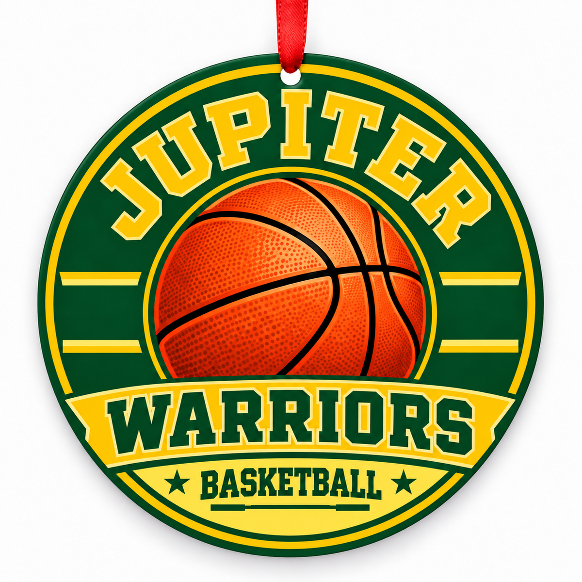 Jupiter High School Warriors basketball Christmas ornament in green and gold with a red ribbon
