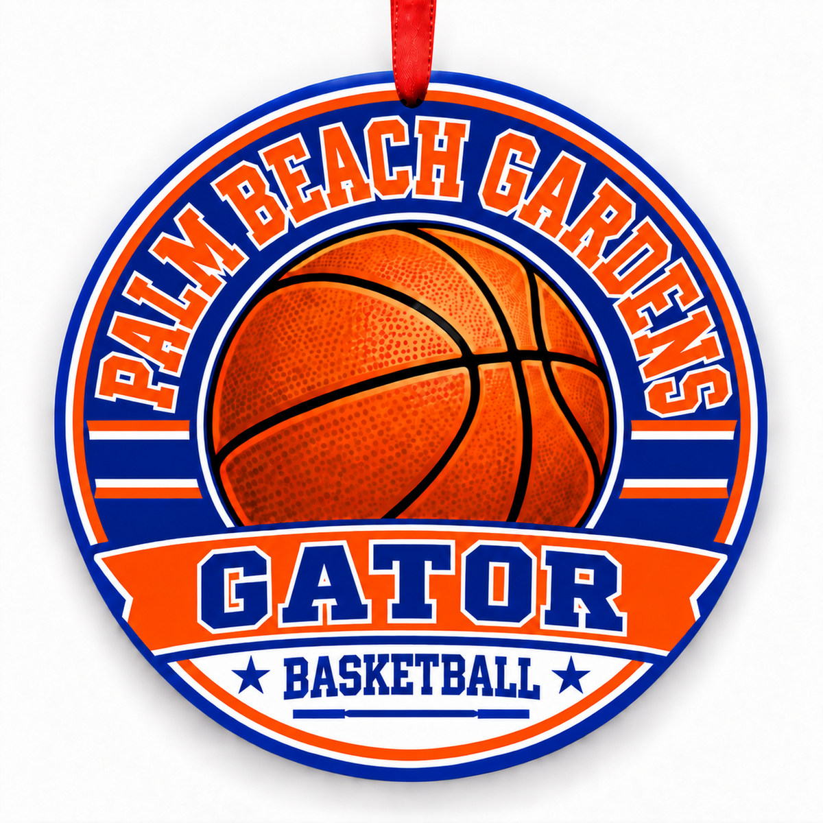 Palm Beach Gardens High School Gator basketball round Christmas ornament with red ribbon