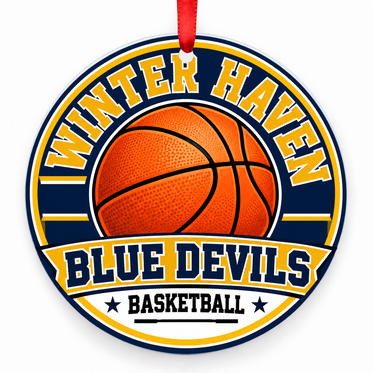 Winter Haven Senior High School Blue Devils basketball round Christmas ornament with red ribbon