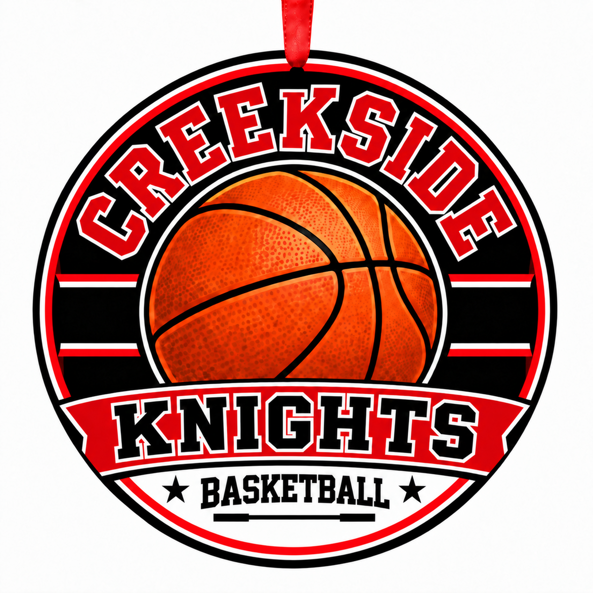 Creekside High School Knights basketball round Christmas ornament with red ribbon