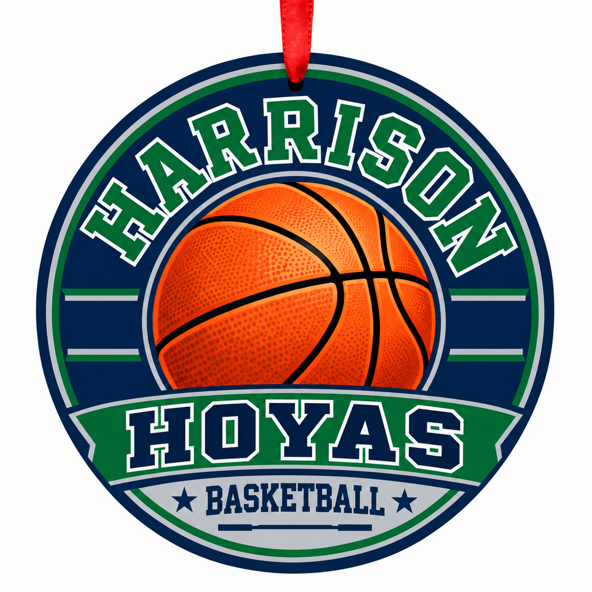 Harrison High School Hoyas basketball ornament in navy, green, gray and white with cropped red ribbon