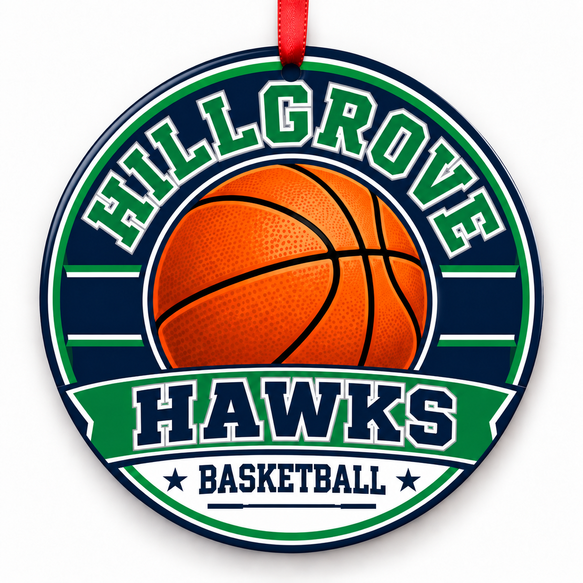 Hillgrove High School Hawks basketball ornament with red ribbon, Powder Springs Georgia