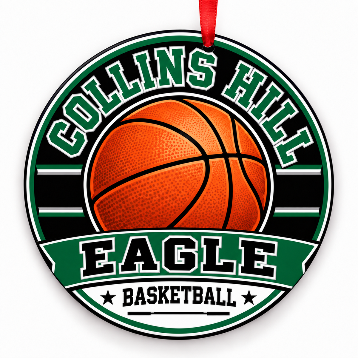 Collins Hill High School Eagles basketball ornament in green, silver and white with cropped red ribbon
