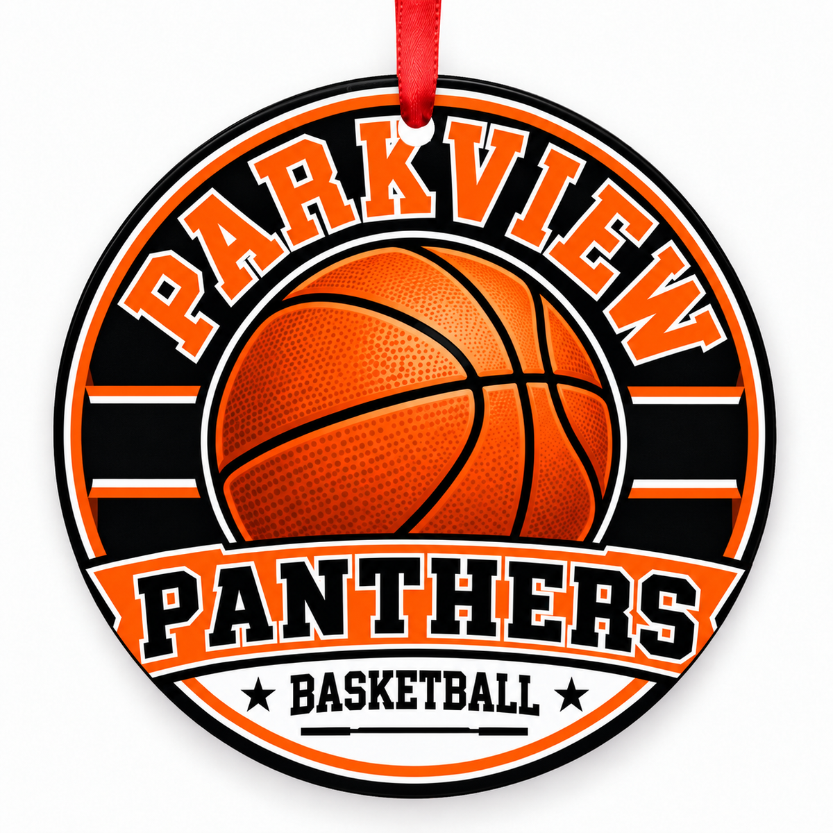 Parkview High School Panthers basketball round Christmas ornament with red ribbon