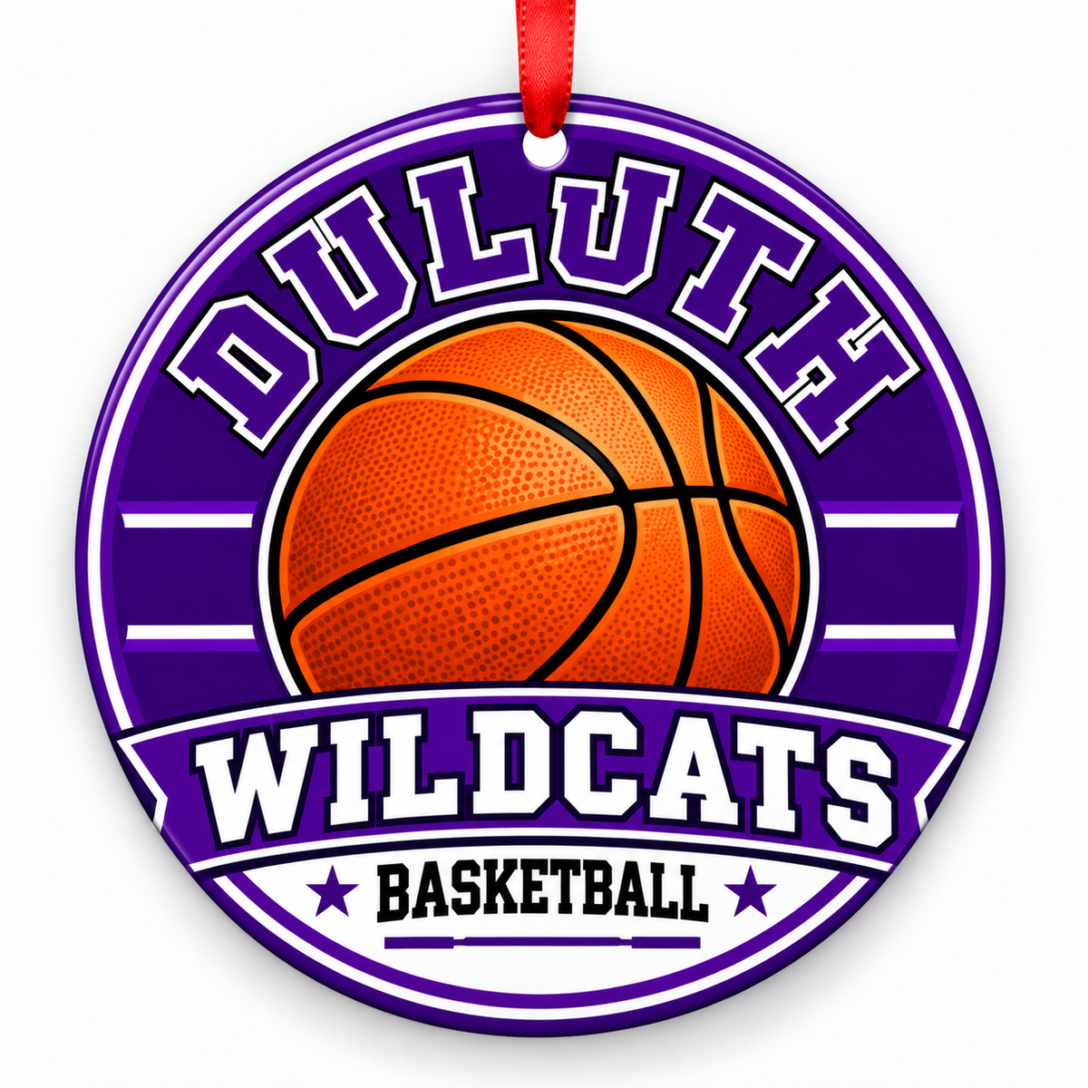 Duluth High School Wildcats basketball Christmas ornament in purple and white
