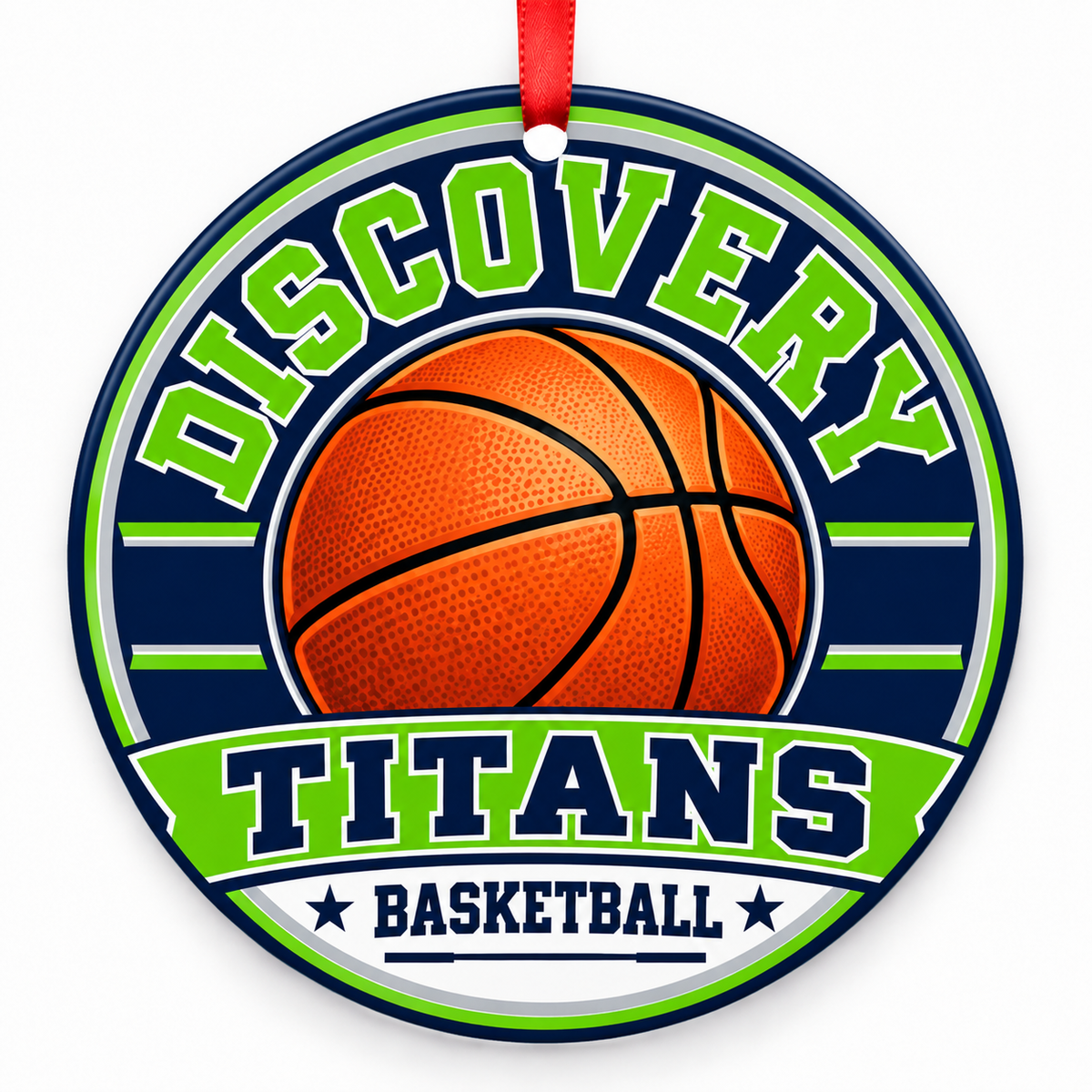 Discovery High School Titans basketball round Christmas ornament with red ribbon