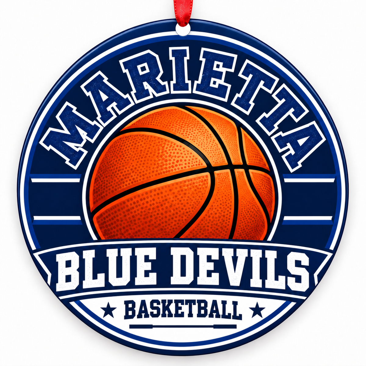 Marietta High School Blue Devils basketball Christmas ornament in navy and white