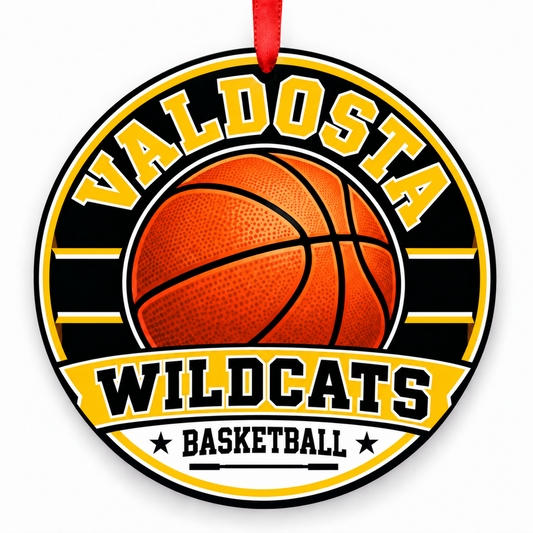 Valdosta High School Wildcats basketball ornament in black and gold with cropped red ribbon