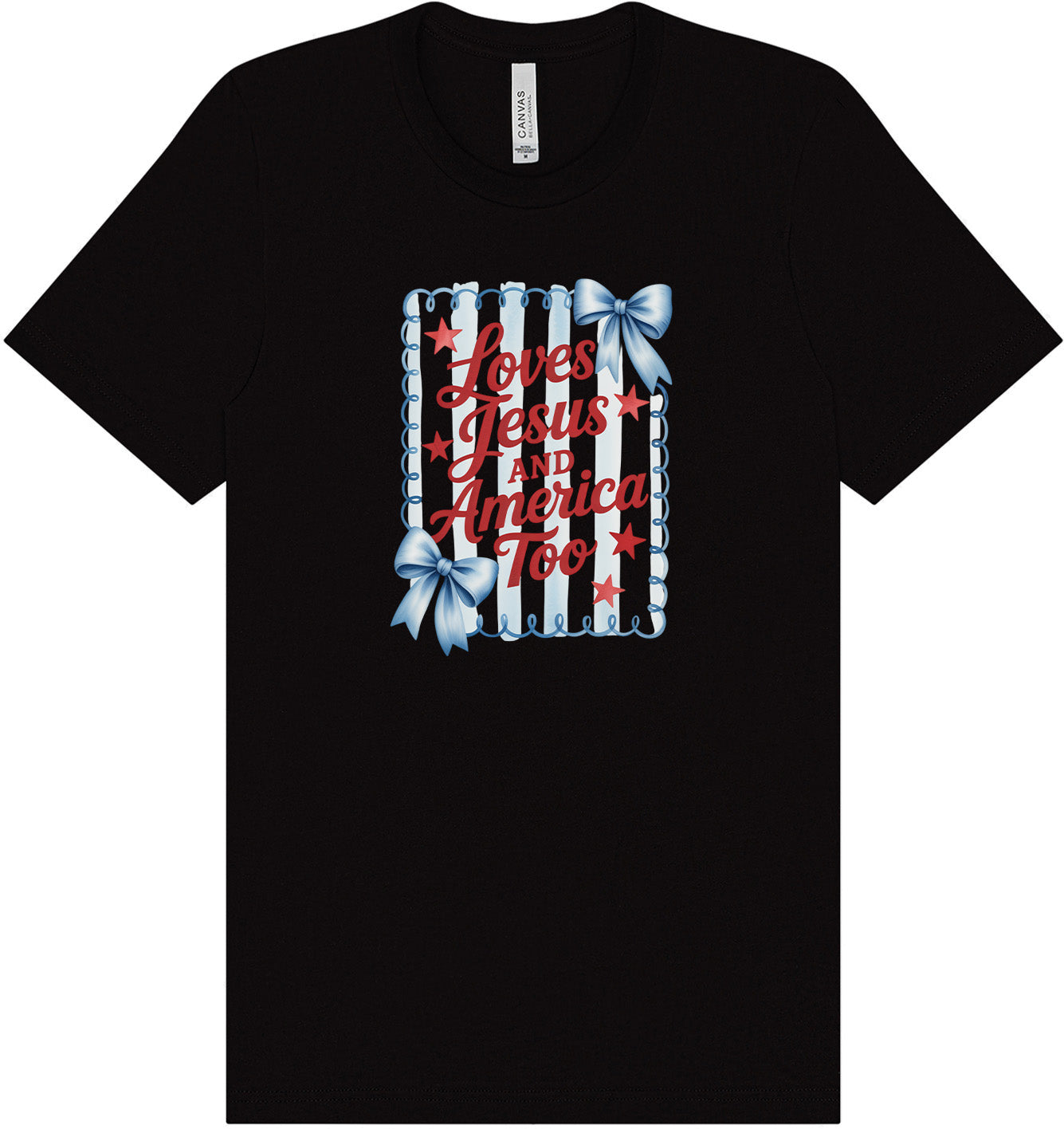 Loves Jesus and America Too Adult Bella Canvas Shirt