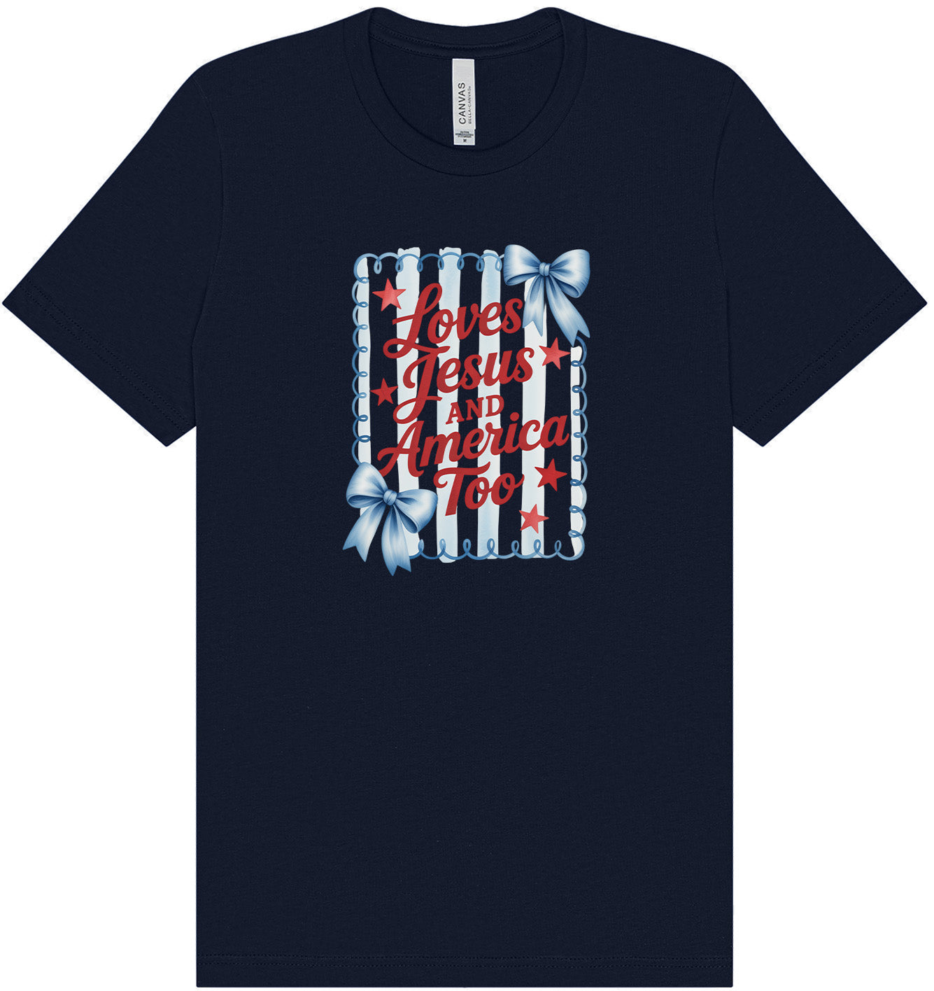 Loves Jesus and America Too Adult Bella Canvas Shirt