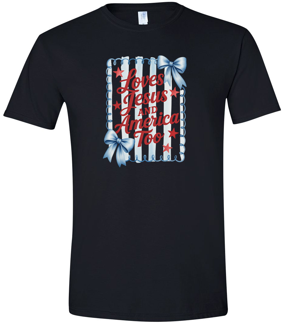 Loves Jesus and America Too Adult Gildan Soft Shirt