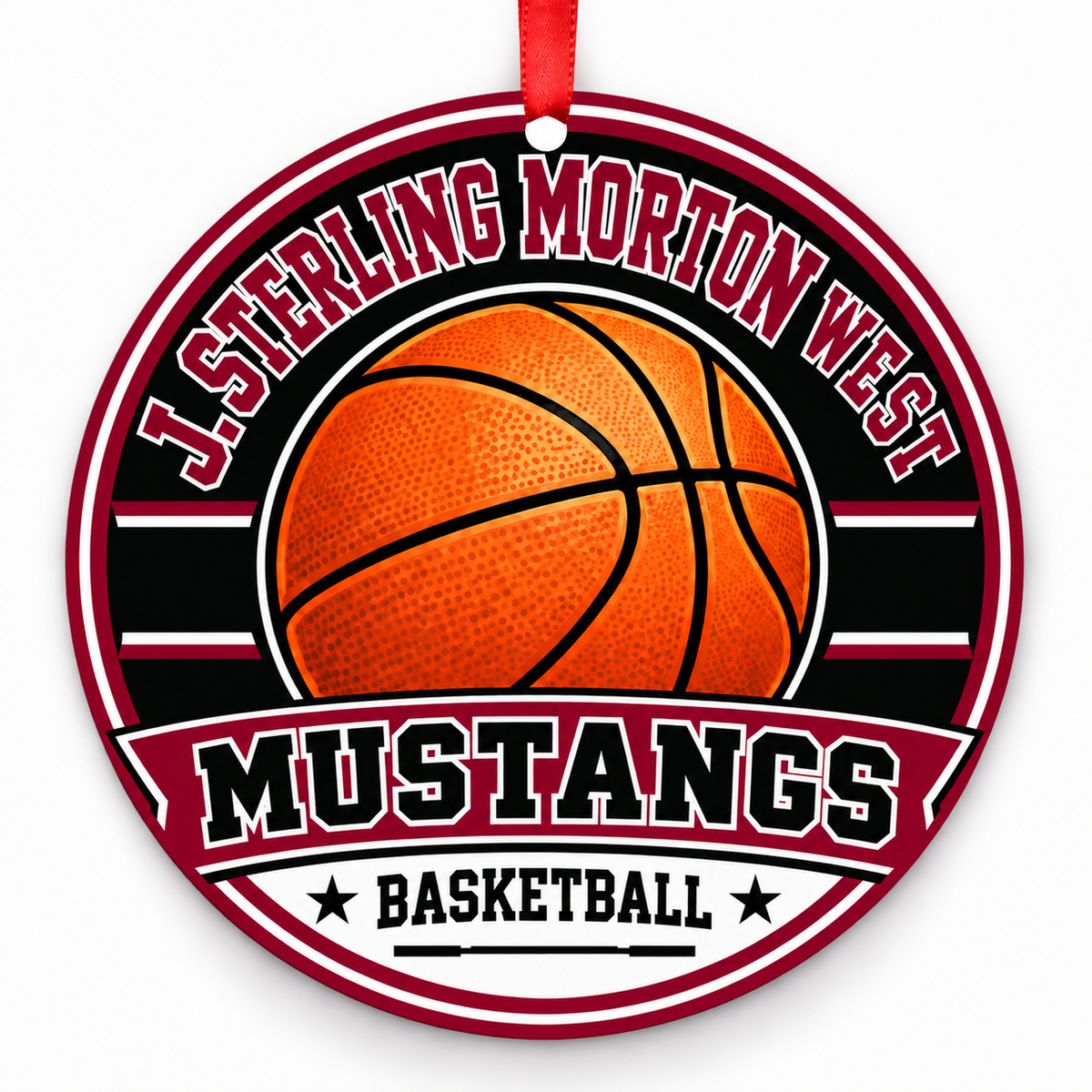 J Sterling Morton West High Sch Mustangs basketball ornament in Maroon; White | Official color names; numeric codes not established; no guessed hex values., Berwyn Illinois