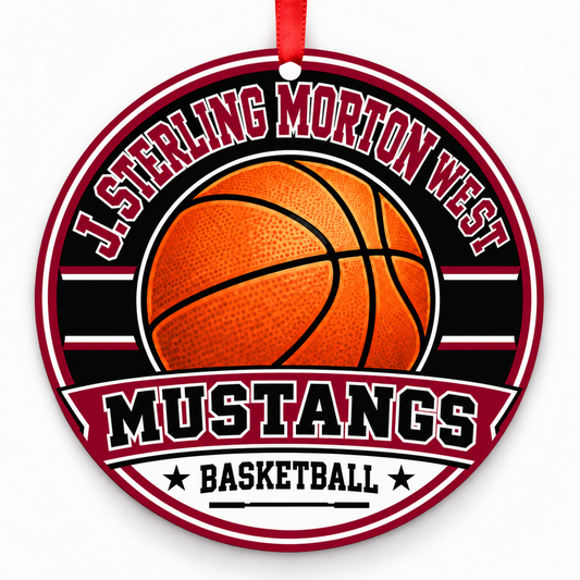 J Sterling Morton West High Sch Mustangs basketball ornament in Maroon; White | Official color names; numeric codes not established; no guessed hex values., Berwyn Illinois