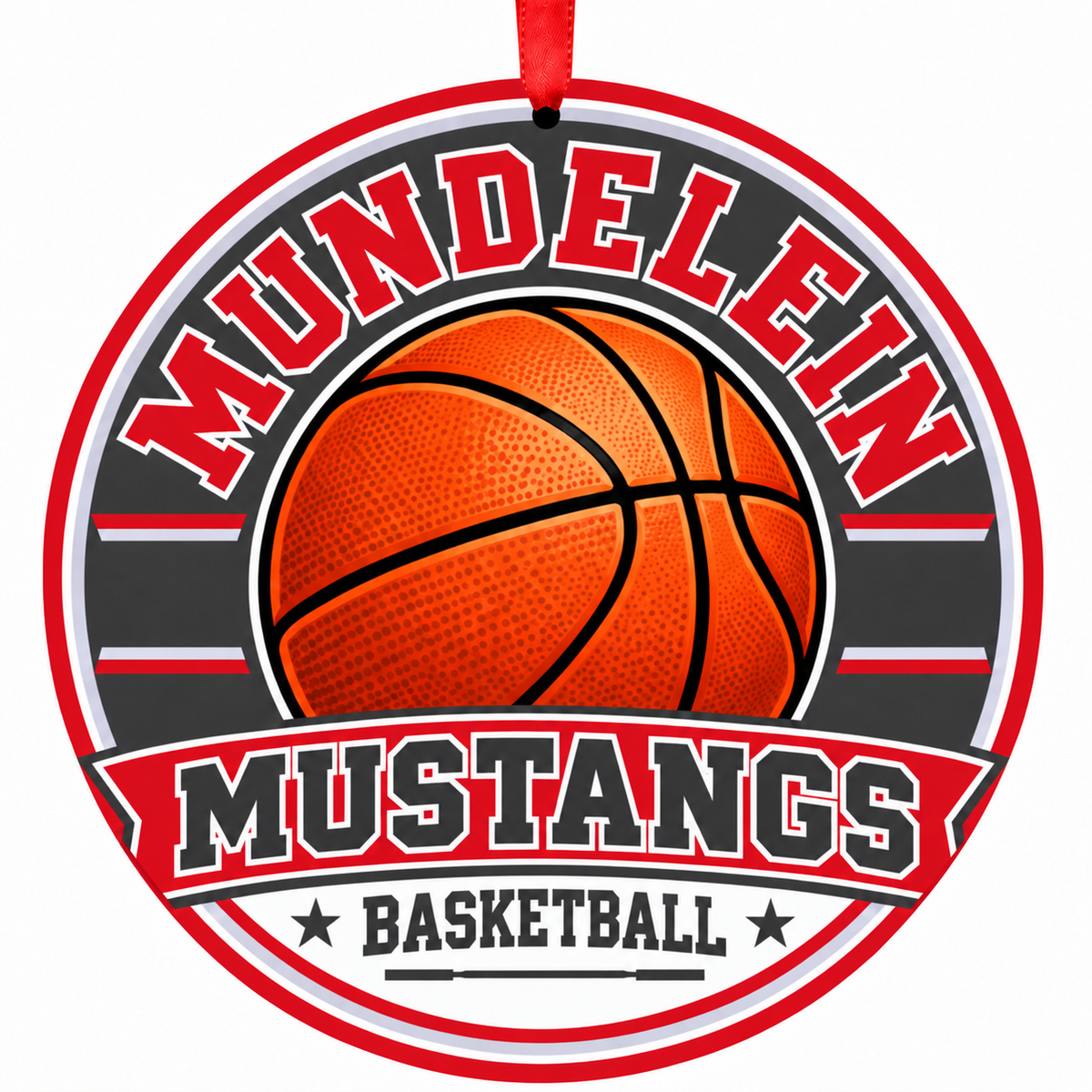 Mundelein Cons High School Mustangs basketball ornament with red ribbon, Mundelein Illinois