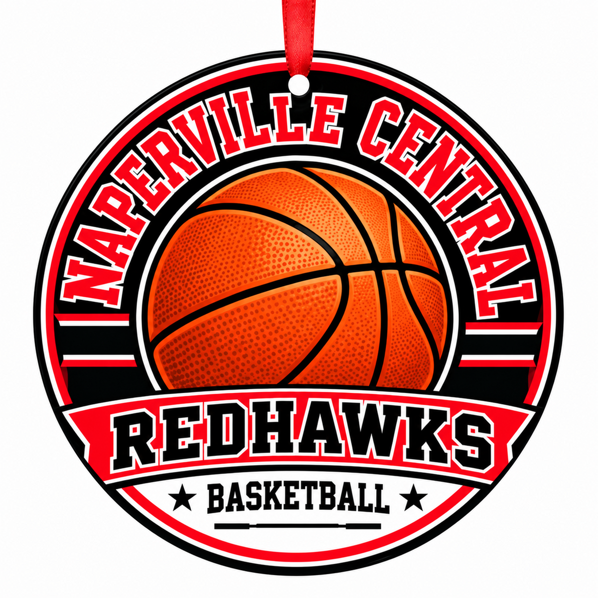 Naperville Central High School Redhawks basketball ornament in Red; White | Official color names; numeric codes not established; no guessed hex values., Naperville Illinois