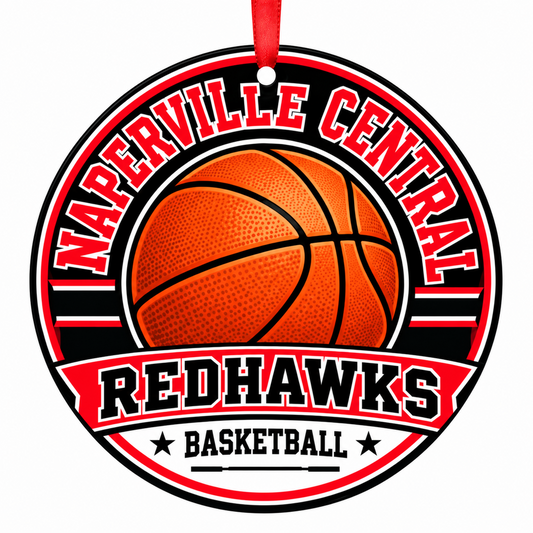 Naperville Central High School Redhawks basketball ornament in Red; White | Official color names; numeric codes not established; no guessed hex values., Naperville Illinois