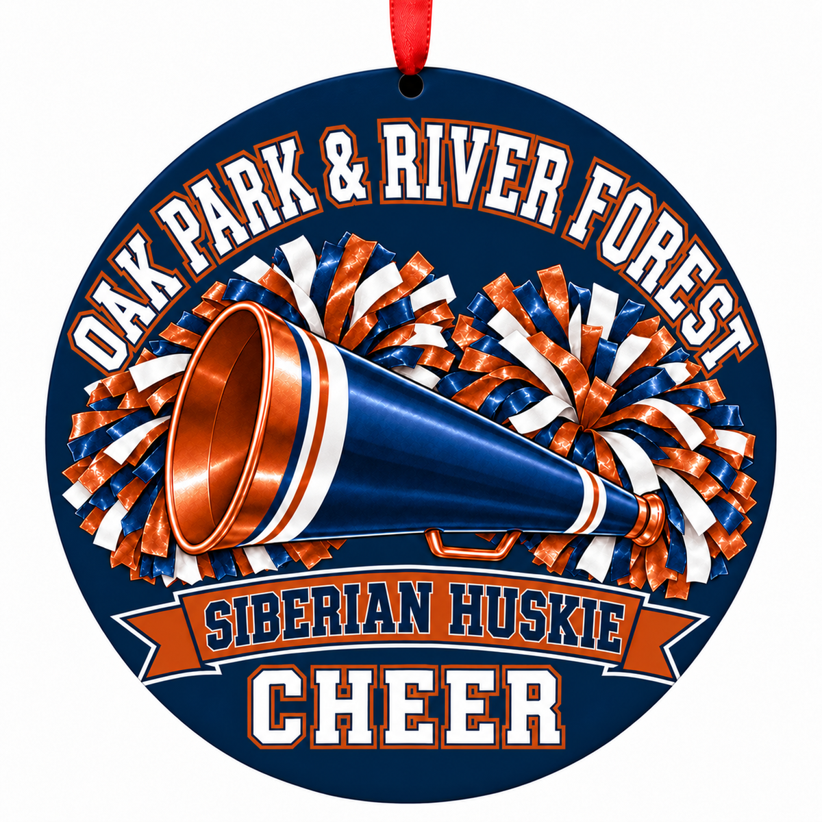 Oak Park & River Forest High School Siberian Huskie cheer ornament - Megaphone and Pom-Poms