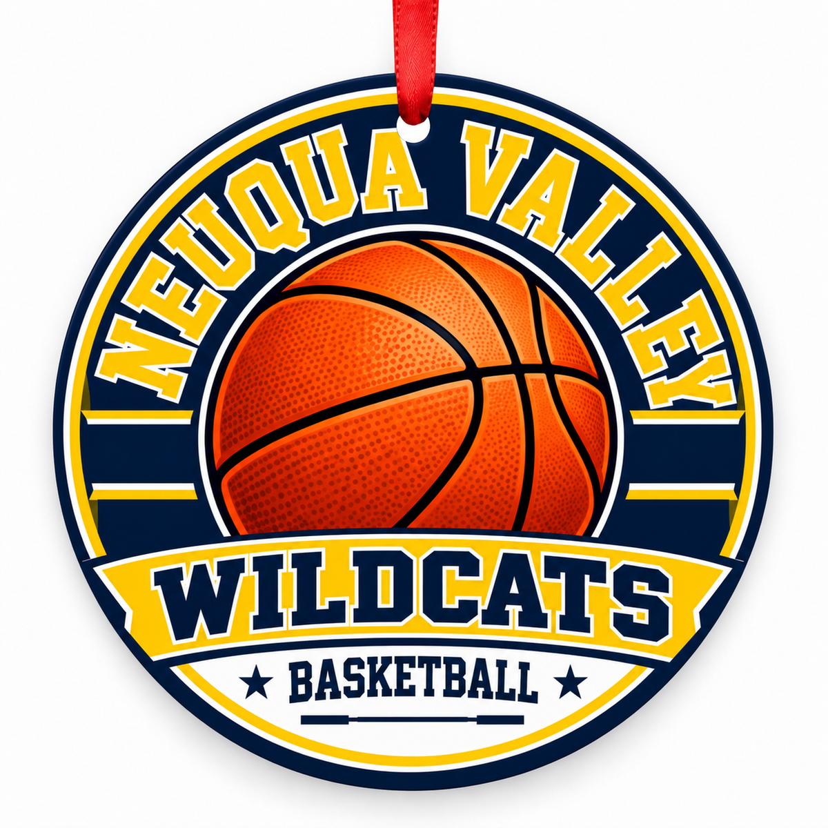 Neuqua Valley High School Wildcats basketball round Christmas ornament with red ribbon