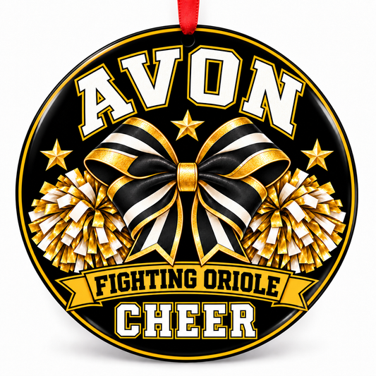 Avon High School Fighting Oriole cheer Christmas ornament — Bow and Pom-Poms