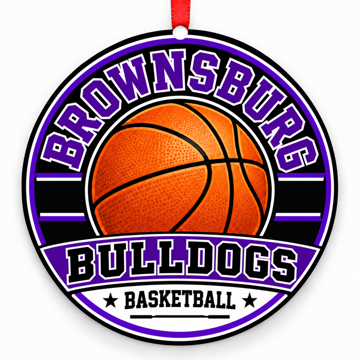 Brownsburg High School Bulldogs basketball ornament in Purple; White | Official color names; numeric codes not established; no guessed hex values., Brownsburg Indiana
