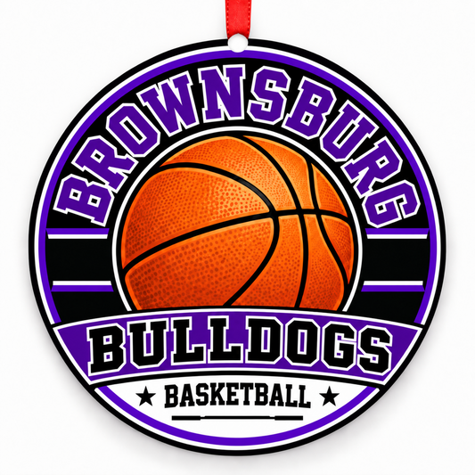 Brownsburg High School Bulldogs basketball ornament in Purple; White | Official color names; numeric codes not established; no guessed hex values., Brownsburg Indiana