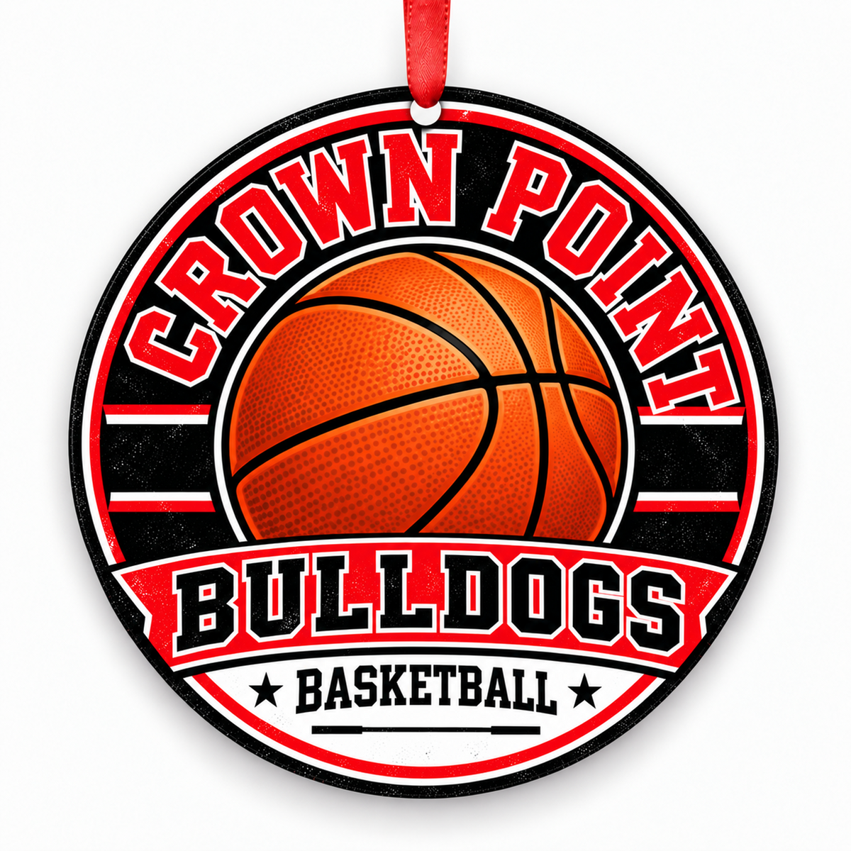 Crown Point High School Bulldogs basketball ornament in Red; White — official color names; hex not published in reviewed sources., Crown Point Indiana