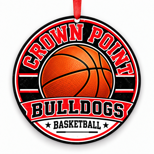 Crown Point High School Bulldogs basketball ornament in Red; White — official color names; hex not published in reviewed sources., Crown Point Indiana