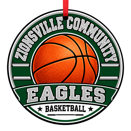 Zionsville Community Eagles basketball ornament in forest green and silver with cropped red ribbon