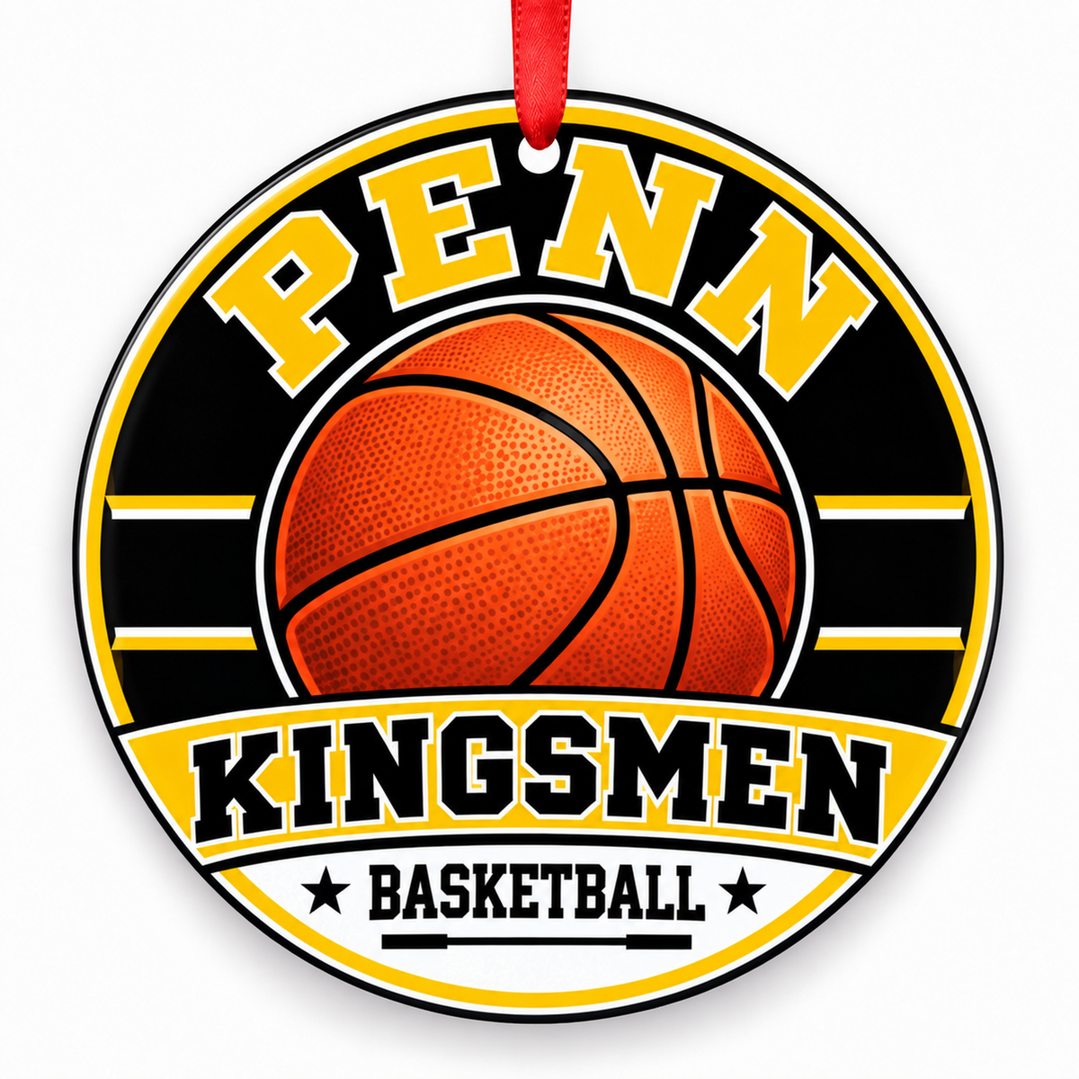 Penn Kingsmen basketball Christmas ornament with red ribbon