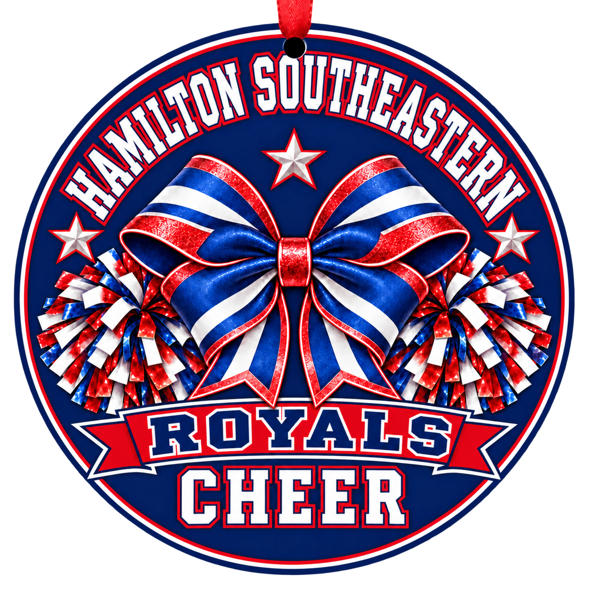 Hamilton Southeastern High School Royals cheer bow and pom-poms Christmas ornament in red, white, and blue with red ribbon