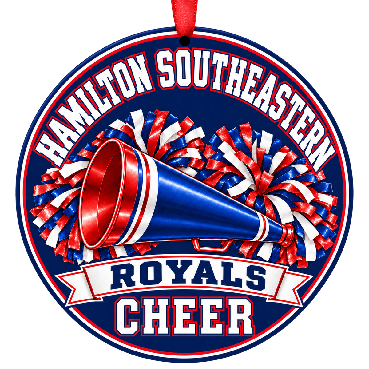 Hamilton Southeastern High School Royals cheer megaphone and pom-poms Christmas ornament in red, white, and blue with red ribbon