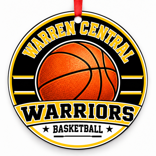 Warren Central High School Warriors basketball Christmas ornament in black and gold with red ribbon