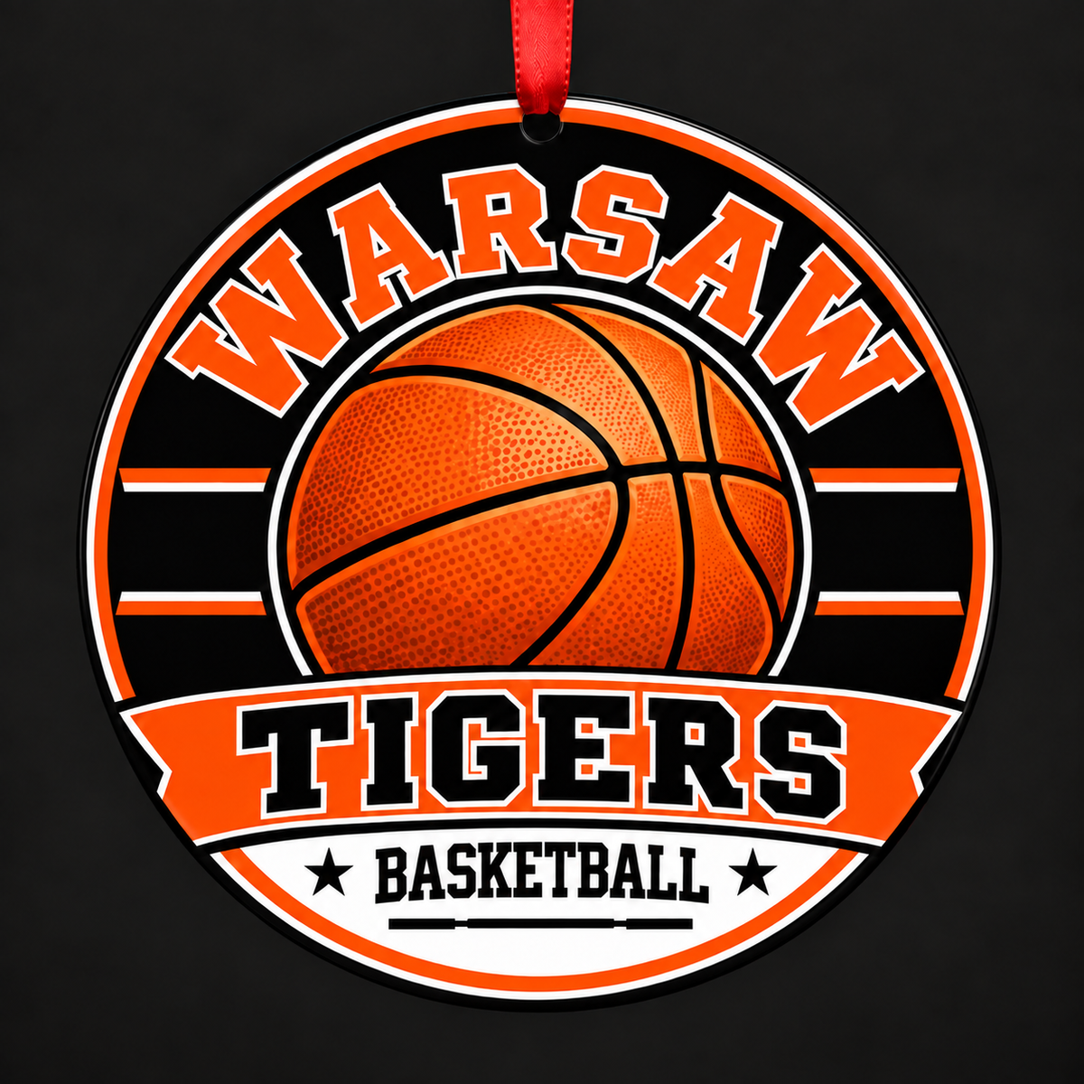 Warsaw Community High Tigers basketball ornament with red ribbon, Warsaw Indiana
