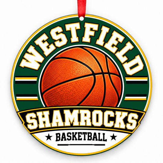 Westfield High School Shamrocks basketball ornament in Primary palette: Shamrock green (Pantone 357); Westfield black (Rich Black); Athletic gold (Pantone 458); True white (White). Four colors; first three stored in School list; white retained here and in notes. No published hex in reviewed guide., Westfield Indiana