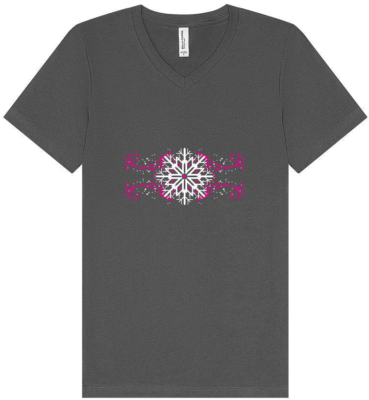 Pink Snowflake Swirls Unisex V-Neck Shirt